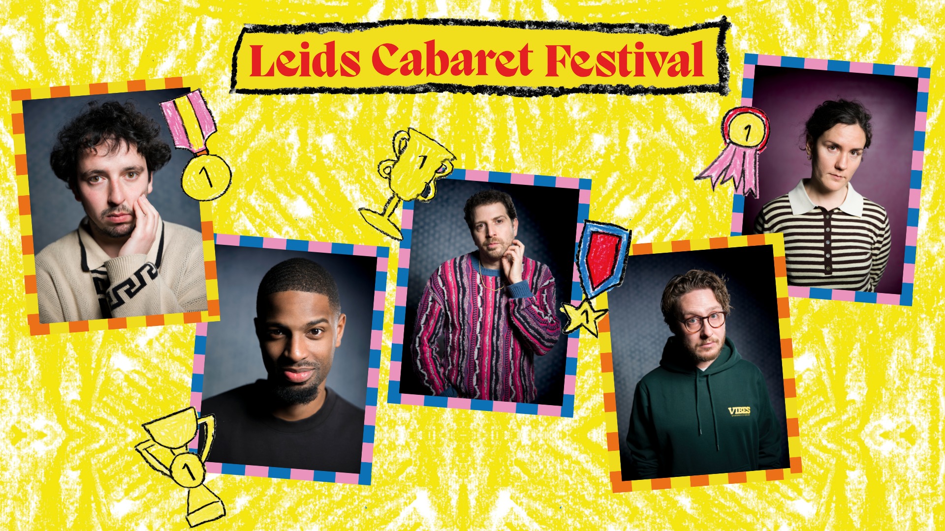 collage van 5 portretfoto's van halve finalisten Leids Cabaret Festival 2026 op geel gekleurde achtergrond